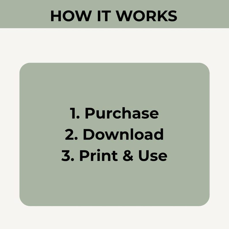 May include: A sage green graphic with the black text HOW IT WORKS at the top. Below, a sage green rounded rectangle contains a numbered list in black text: 1. Purchase, 2. Download, 3. Print & Use. The overall design is clean and informative.