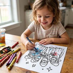 May include: A white coloring page featuring a black and white line art illustration of four figures with beards and head coverings, each holding a gift. The page is being colored with a blue wax crayon, with several other crayons scattered nearby.