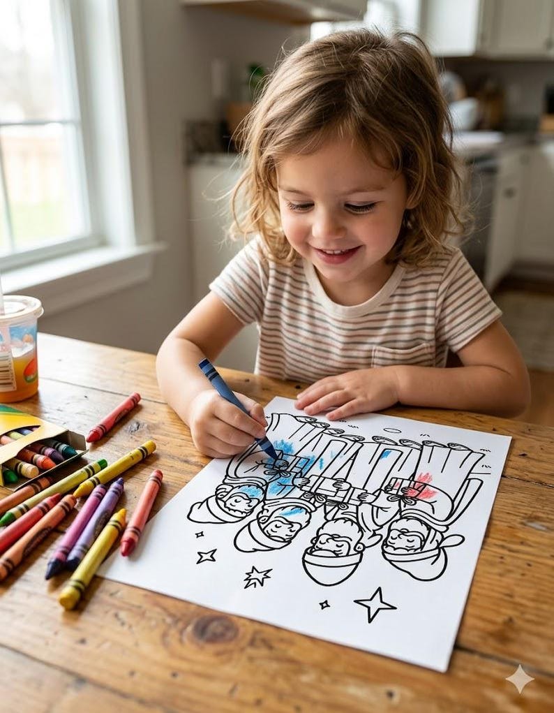May include: A white coloring page featuring a black and white line art illustration of four figures with beards and head coverings, each holding a gift. The page is being colored with a blue wax crayon, with several other crayons scattered nearby.