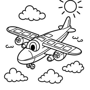Puede incluir: Una p&aacute;gina para colorear en blanco y negro que muestra un avi&oacute;n de dibujos animados volando por el cielo. El avi&oacute;n tiene ojos grandes, dos alas con detalles de ventanas rectangulares y dos motores. La escena incluye un sol y cuatro nubes.