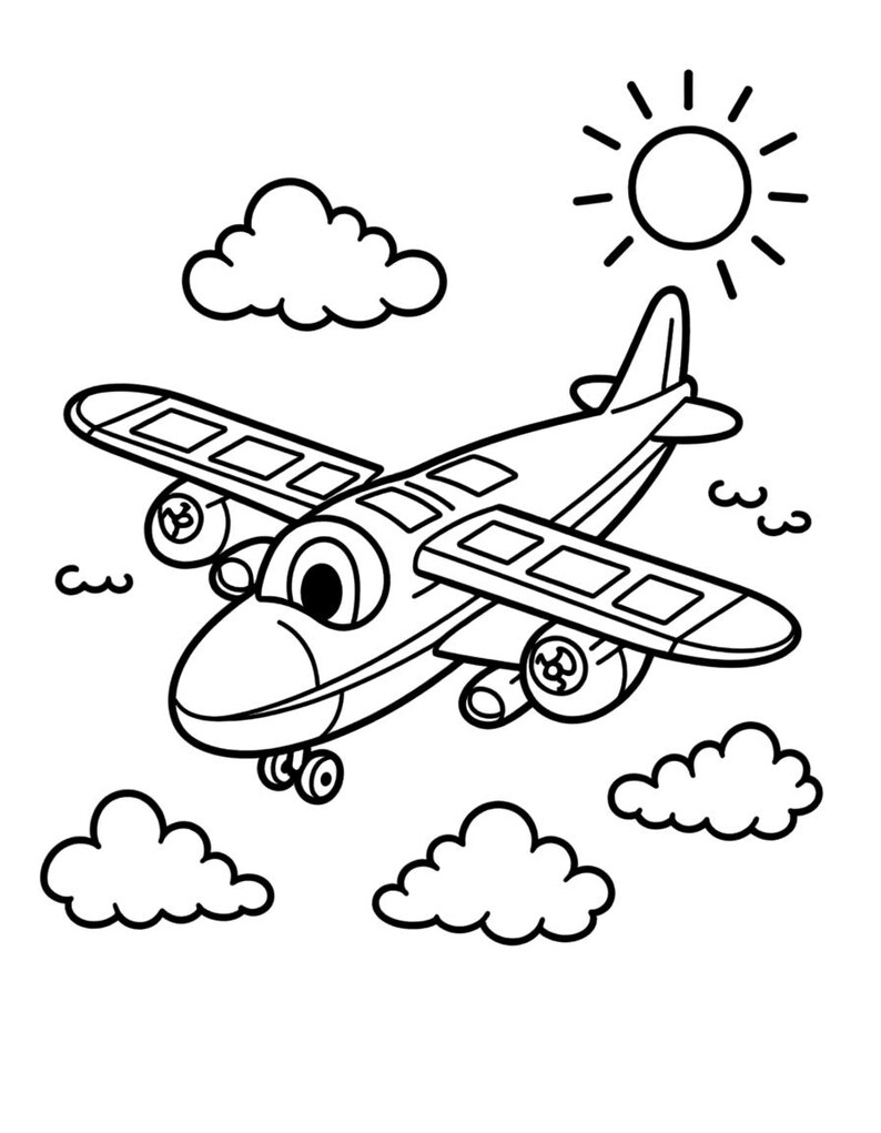 Puede incluir: Una p&aacute;gina para colorear en blanco y negro que muestra un avi&oacute;n de dibujos animados volando por el cielo. El avi&oacute;n tiene ojos grandes, dos alas con detalles de ventanas rectangulares y dos motores. La escena incluye un sol y cuatro nubes.