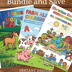 Puede incluir: Tres libros para colorear para ni&ntilde;os con temas de granja y cristianos. Los libros presentan ilustraciones coloridas de animales, incluyendo un caballo, una vaca y un cerdo, con el texto "Bundle and Save" y "Instant Digital Download".