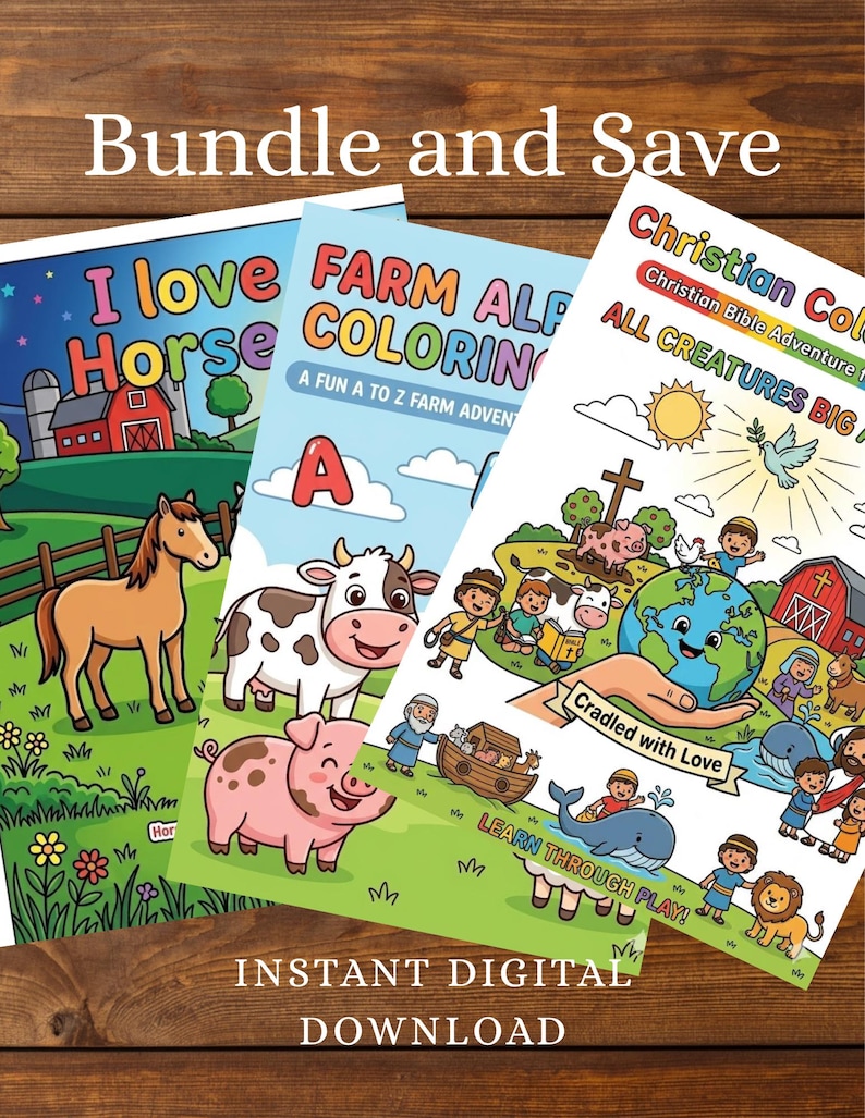 Puede incluir: Tres libros para colorear para ni&ntilde;os con temas de granja y cristianos. Los libros presentan ilustraciones coloridas de animales, incluyendo un caballo, una vaca y un cerdo, con el texto "Bundle and Save" y "Instant Digital Download".