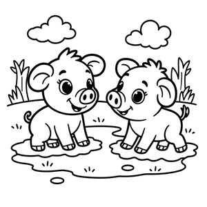 May include: A black and white line art coloring page illustration featuring two small, smiling piglets standing in separate mud puddles. The scene includes simple outlines of grass, two fluffy clouds in the sky, and a clear horizon line.
