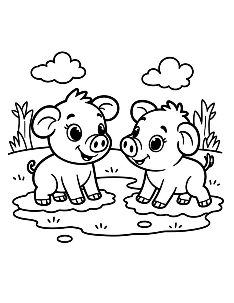 May include: A black and white line art coloring page illustration featuring two small, smiling piglets standing in separate mud puddles. The scene includes simple outlines of grass, two fluffy clouds in the sky, and a clear horizon line.
