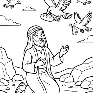 May include: A black and white line art illustration depicting a bearded figure in a head covering and robe kneeling on rocky ground with hands raised. Three birds fly overhead, one carrying a loaf of bread and another carrying a piece of meat.