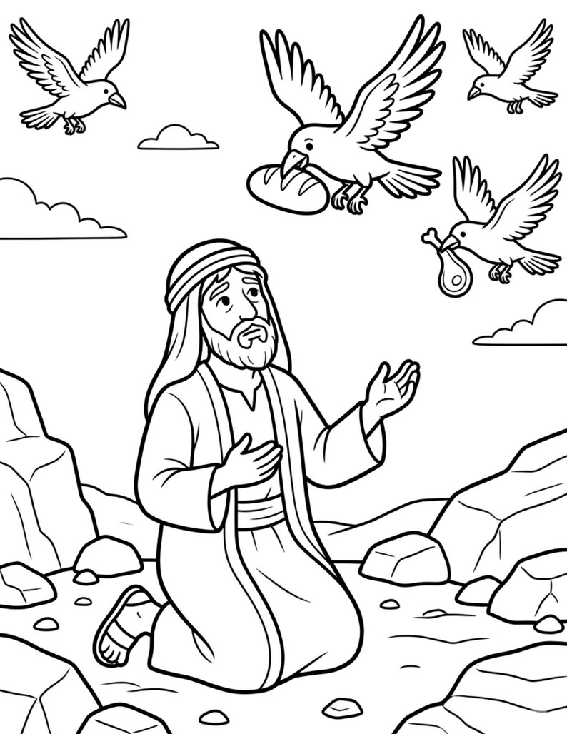 May include: A black and white line art illustration depicting a bearded figure in a head covering and robe kneeling on rocky ground with hands raised. Three birds fly overhead, one carrying a loaf of bread and another carrying a piece of meat.