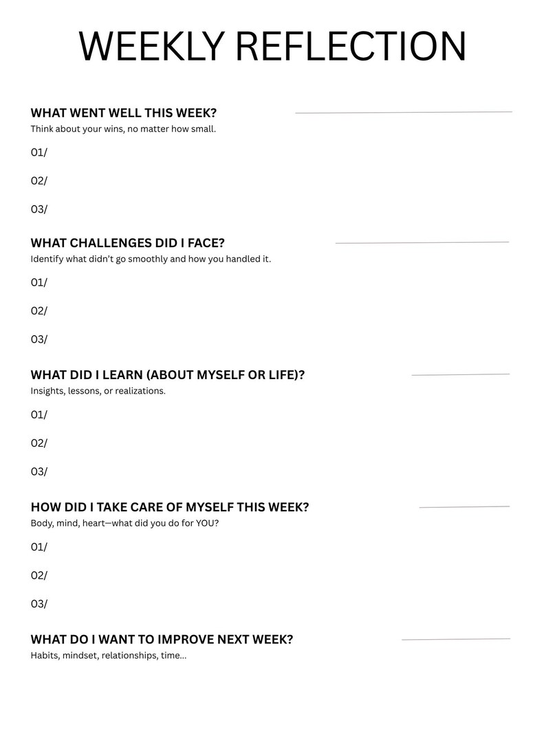 May include: A white weekly reflection planner page with black text. Sections include What Went Well This Week, What Challenges Did I Face, What Did I Learn, How Did I Take Care Of Myself This Week, and What Do I Want To Improve Next Week.