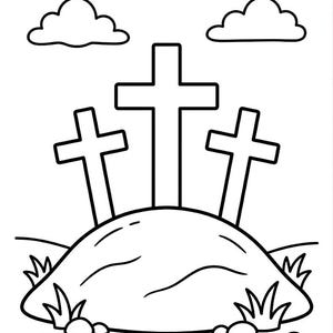 May include: A black and white line art illustration featuring three crosses standing atop a grassy hill. Two fluffy clouds are positioned in the sky above the crosses. The base of the hill is decorated with small tufts of grass and scattered stones.
