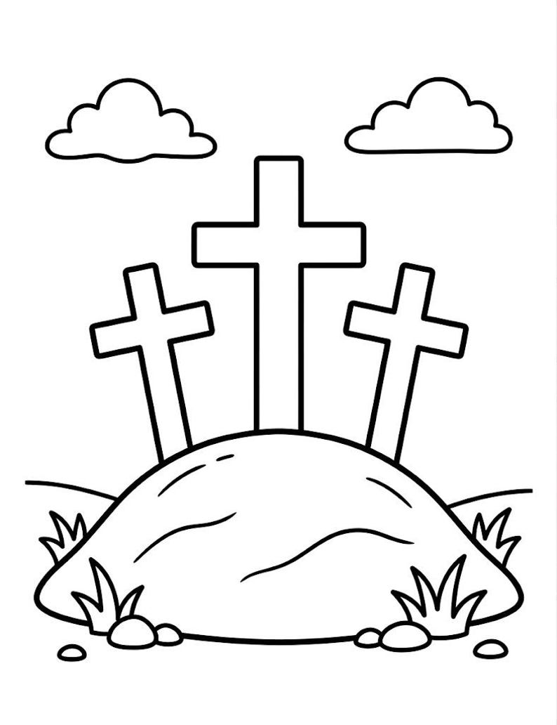 May include: A black and white line art illustration featuring three crosses standing atop a grassy hill. Two fluffy clouds are positioned in the sky above the crosses. The base of the hill is decorated with small tufts of grass and scattered stones.