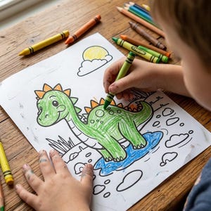 May include: A child colours a dinosaur picture with a green crayon. The dinosaur is green with orange spikes and is in a blue pond. Crayons and coloured pencils are on the wooden table.