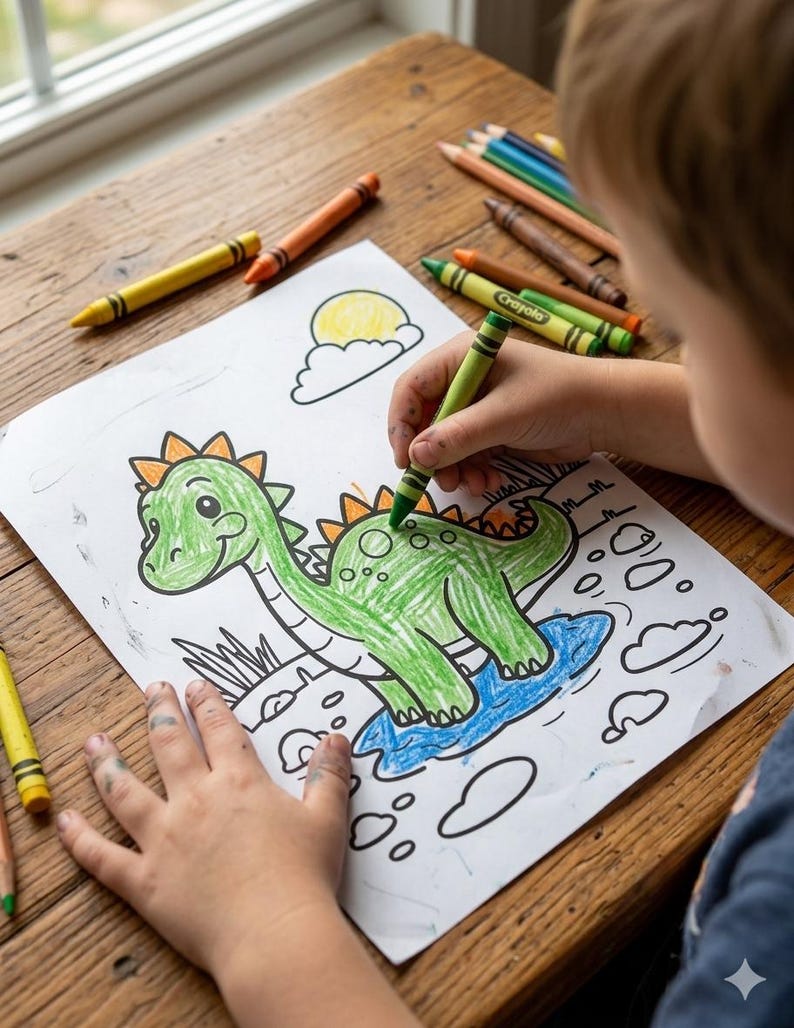 May include: A child colours a dinosaur picture with a green crayon. The dinosaur is green with orange spikes and is in a blue pond. Crayons and coloured pencils are on the wooden table.
