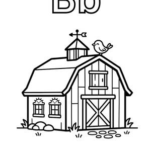 Puede incluir: Una p&aacute;gina para colorear en blanco y negro que muestra un granero con una veleta y un p&aacute;jaro en el techo. Las letras Bb est&aacute;n en la parte superior y la palabra Barn en la parte inferior. El granero tiene dos ventanas con caras sonrientes.