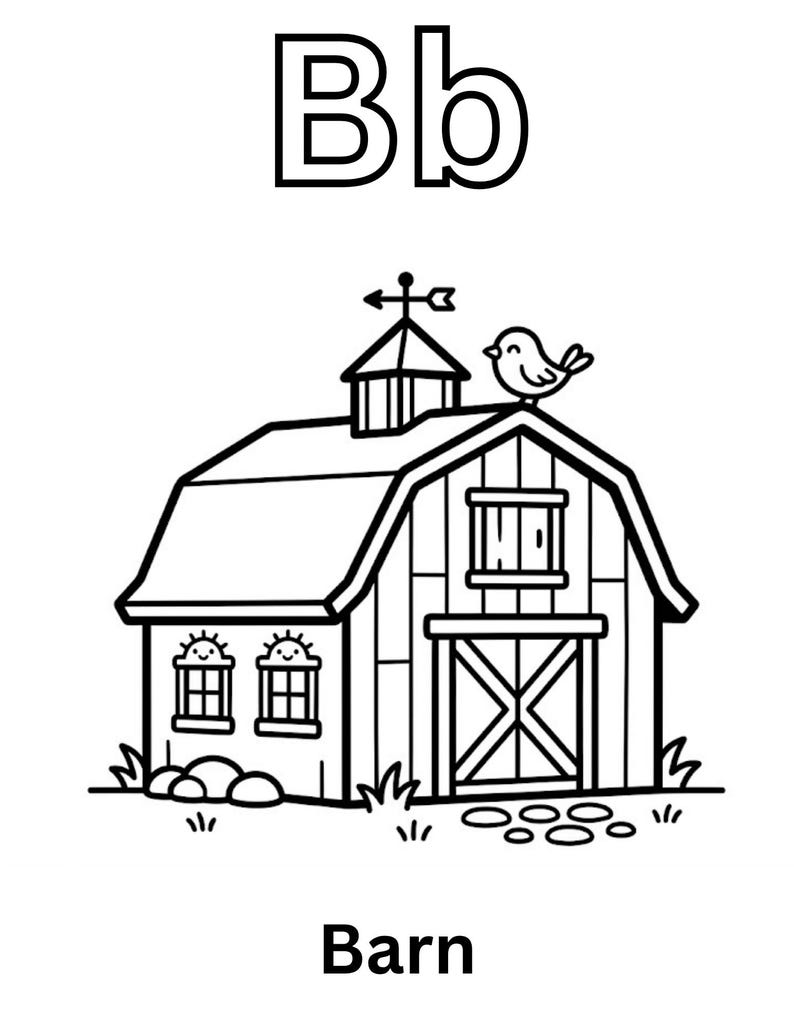 Puede incluir: Una p&aacute;gina para colorear en blanco y negro que muestra un granero con una veleta y un p&aacute;jaro en el techo. Las letras Bb est&aacute;n en la parte superior y la palabra Barn en la parte inferior. El granero tiene dos ventanas con caras sonrientes.