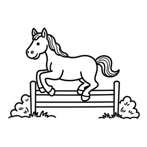 Peut inclure: Une illustration en noir et blanc au trait repr&eacute;sentant un cheval sautant par-dessus une barri&egrave;re en bois. Le cheval est dessin&eacute; de profil avec une crini&egrave;re et une queue fluides. De chaque c&ocirc;t&eacute; de la barri&egrave;re se trouvent des buissons arrondis.