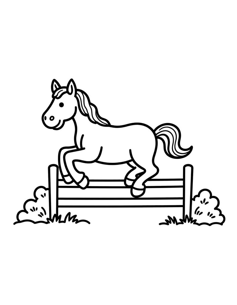 Peut inclure: Une illustration en noir et blanc au trait repr&eacute;sentant un cheval sautant par-dessus une barri&egrave;re en bois. Le cheval est dessin&eacute; de profil avec une crini&egrave;re et une queue fluides. De chaque c&ocirc;t&eacute; de la barri&egrave;re se trouvent des buissons arrondis.