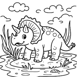 May include: A black and white illustration of a Triceratops dinosaur in a pond with grass and clouds. The dinosaur has a frill, horns, and spots. The image is a line drawing suitable for colouring.
