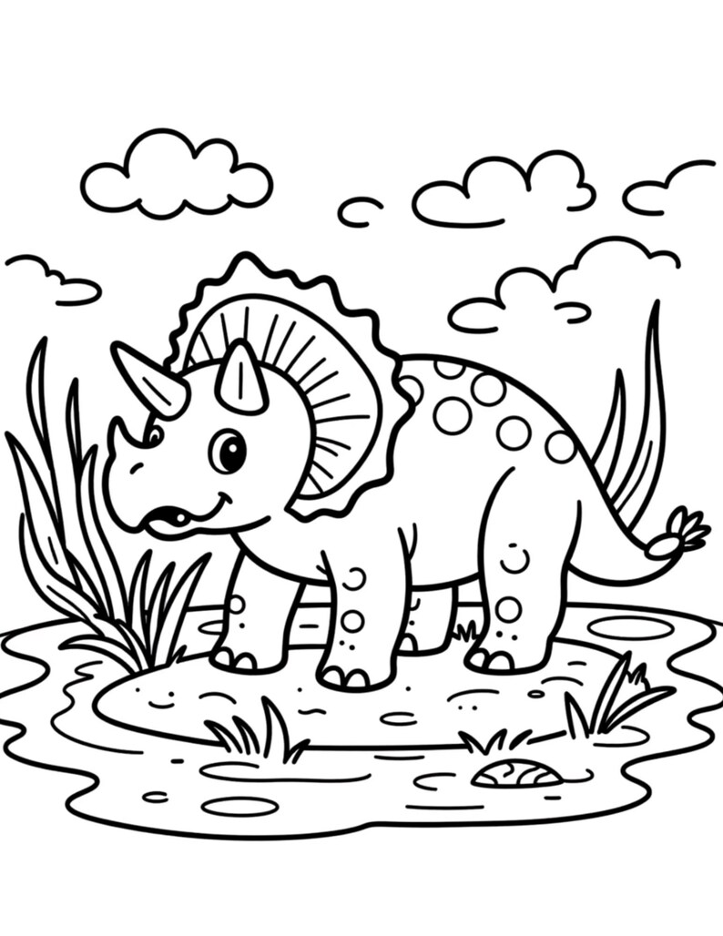 May include: A black and white illustration of a Triceratops dinosaur in a pond with grass and clouds. The dinosaur has a frill, horns, and spots. The image is a line drawing suitable for colouring.