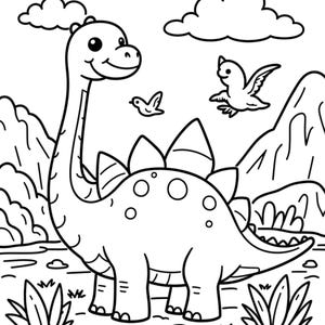 May include: A black and white line art coloring page featuring a long-necked dinosaur with plates on its back standing in a landscape with mountains, clouds, and two small birds. The scene includes simple ground vegetation and clear outlines.