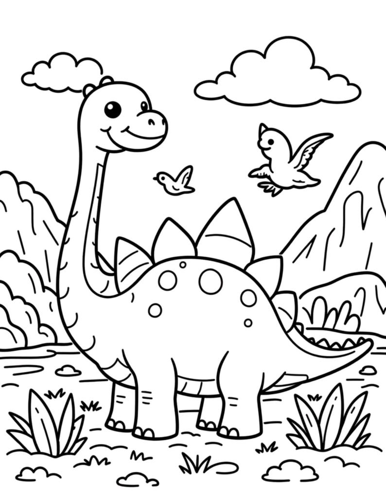 May include: A black and white line art coloring page featuring a long-necked dinosaur with plates on its back standing in a landscape with mountains, clouds, and two small birds. The scene includes simple ground vegetation and clear outlines.