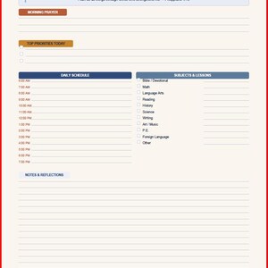 May include: A daily planner page with a dark blue header labeled Daily Planner. It includes sections for Morning Prayer, Top Priorities Today, a daily schedule from 6:00 AM to 7:00 PM, Subjects & Lessons, and Notes & Reflections with Bible verses.