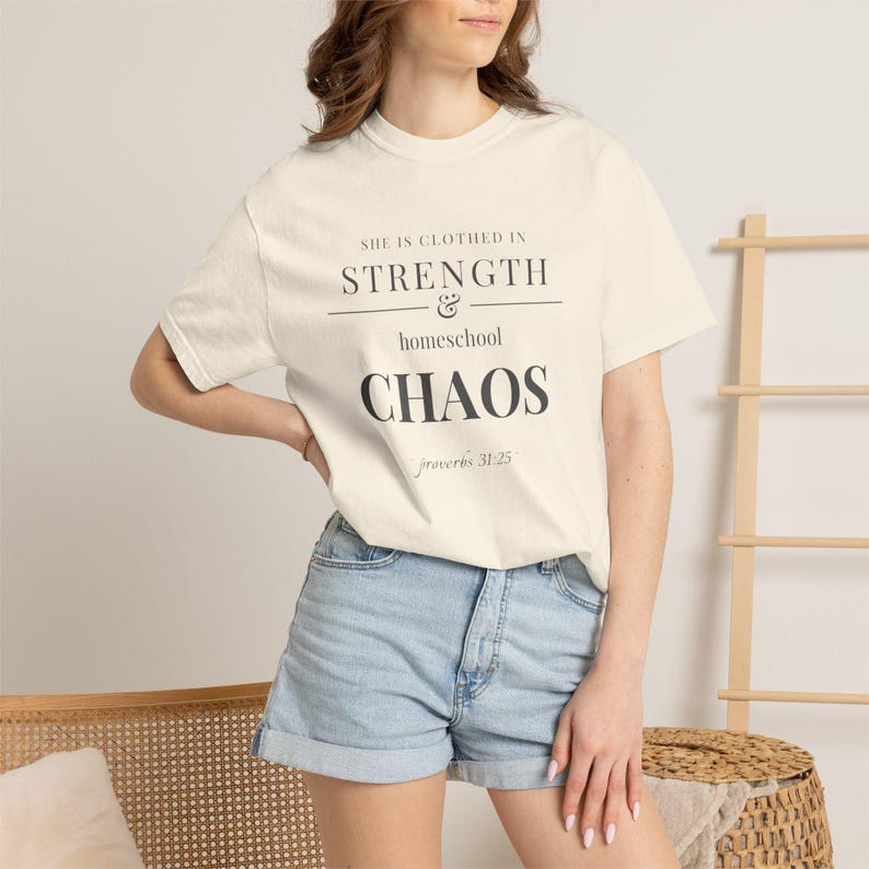 Homeschool Mom Shirt — She is Clothed in Strength Christian Mom Comfort Colors Tee Gift for Her image 1