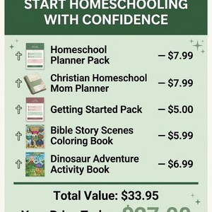 May include: An advertisement for homeschooling resources. The image features a green and white design with the text "EVERYTHING YOU NEED TO START HOMESCHOOLING WITH CONFIDENCE." It lists various packs and books, including a planner pack, a mom planner, and activity books.