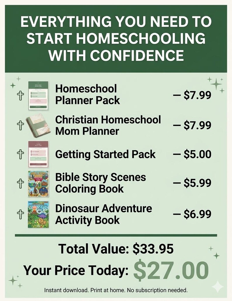 May include: An advertisement for homeschooling resources. The image features a green and white design with the text "EVERYTHING YOU NEED TO START HOMESCHOOLING WITH CONFIDENCE." It lists various packs and books, including a planner pack, a mom planner, and activity books.