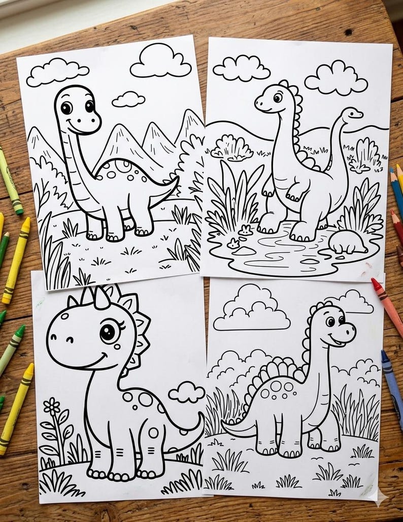 May include: Four black and white dinosaur colouring pages on a wooden surface. Each page features a different dinosaur illustration with a landscape background, including mountains, clouds, and vegetation. Crayons are visible around the pages.