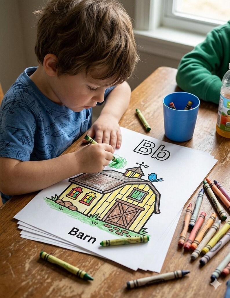Puede incluir: Una hoja de colorear blanca que muestra un granero amarillo con techo marr&oacute;n, un p&aacute;jaro azul y el texto Bb y Barn. La hoja se est&aacute; coloreando con un cray&oacute;n verde. Varios otros crayones de colores variados est&aacute;n esparcidos sobre la superficie.