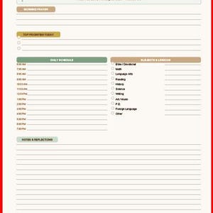 May include: A daily planner in green and beige. It features sections for a daily schedule, subjects, lessons, and notes. The text "Daily Planner" is at the top, with the text "Trust in the LORD with all your heart" below it. Includes a daily schedule.
