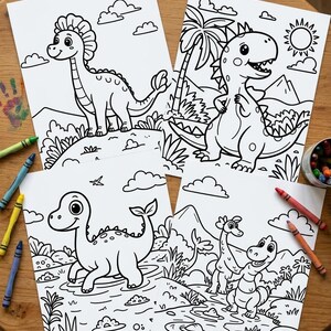 May include: Four white sheets of paper featuring black and white line art illustrations of various dinosaurs in prehistoric landscapes with clouds, sun, and plants, accompanied by several colorful wax crayons scattered around the pages.