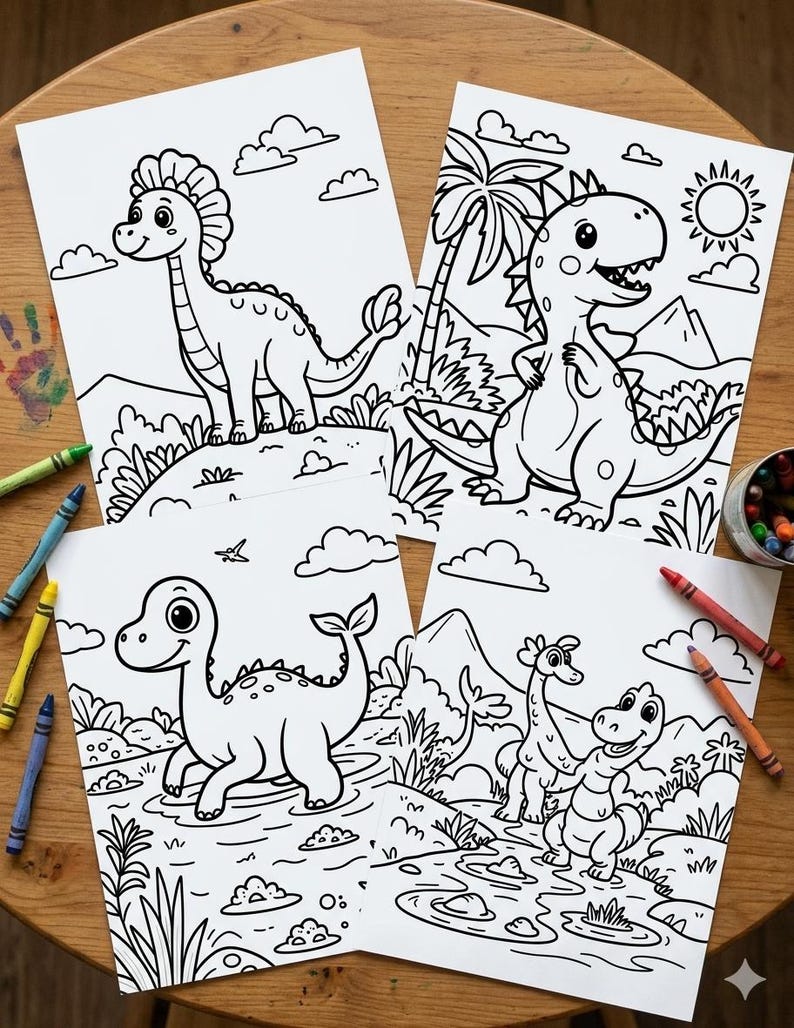 May include: Four white sheets of paper featuring black and white line art illustrations of various dinosaurs in prehistoric landscapes with clouds, sun, and plants, accompanied by several colorful wax crayons scattered around the pages.