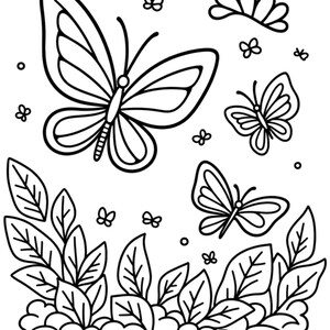 May include: Black and white line art illustration of butterflies, leaves, and flowers. The image features several butterflies of varying sizes, leaves, and small flower-like shapes. The design is suitable for coloring or as a decorative element.