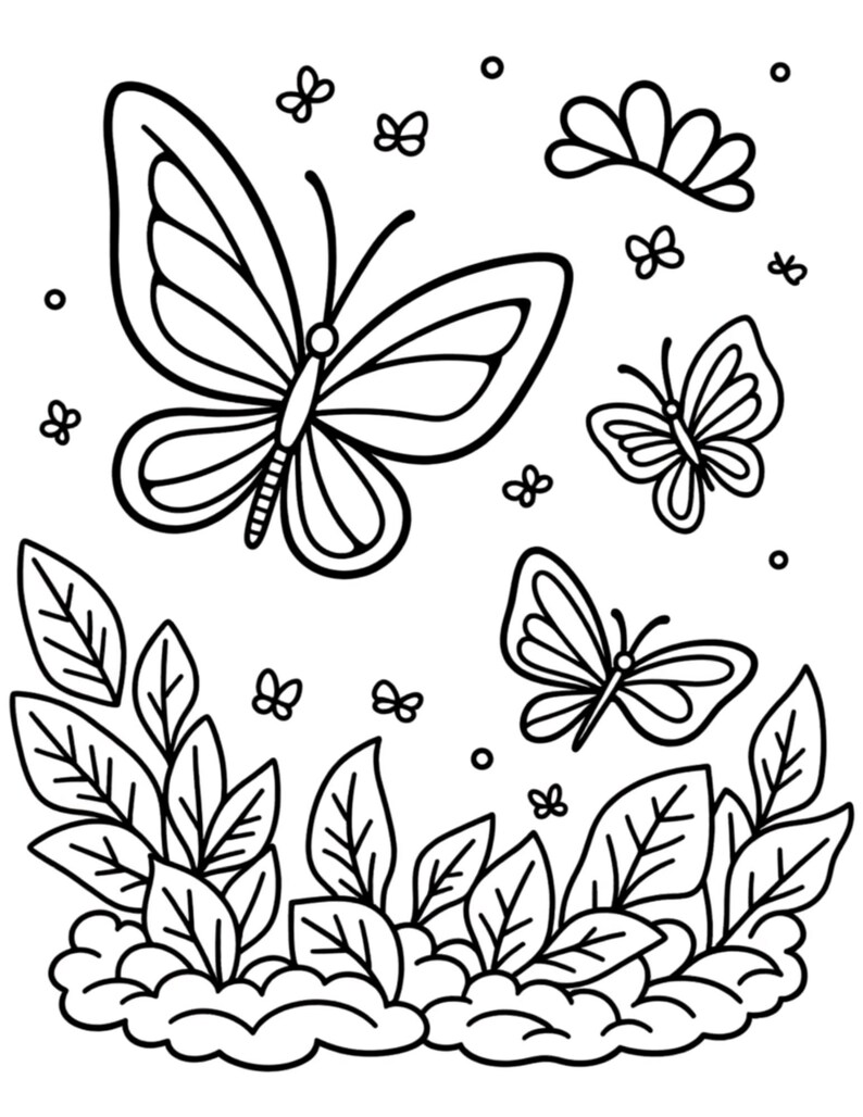May include: Black and white line art illustration of butterflies, leaves, and flowers. The image features several butterflies of varying sizes, leaves, and small flower-like shapes. The design is suitable for coloring or as a decorative element.