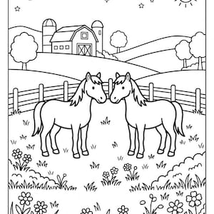 Peut inclure: Une page de coloriage en noir et blanc repr&eacute;sentant deux chevaux debout dans un champ herbeux avec des fleurs. En arri&egrave;re-plan, on voit une cl&ocirc;ture en bois, une grange avec deux silos, des collines, des arbres, un croissant de lune, des &eacute;toiles et un soleil.