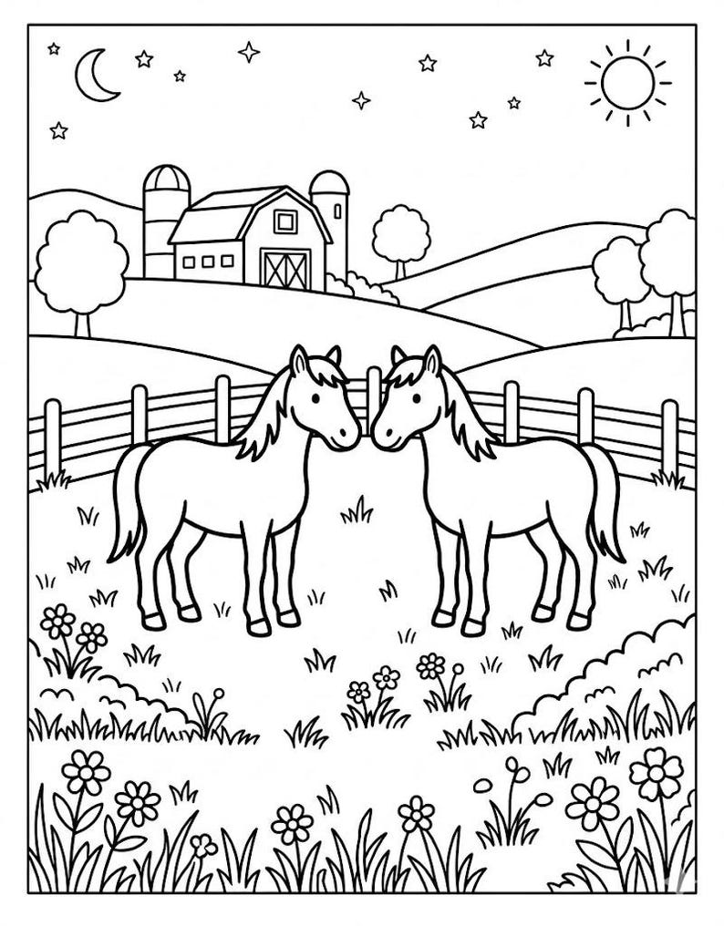Peut inclure: Une page de coloriage en noir et blanc repr&eacute;sentant deux chevaux debout dans un champ herbeux avec des fleurs. En arri&egrave;re-plan, on voit une cl&ocirc;ture en bois, une grange avec deux silos, des collines, des arbres, un croissant de lune, des &eacute;toiles et un soleil.