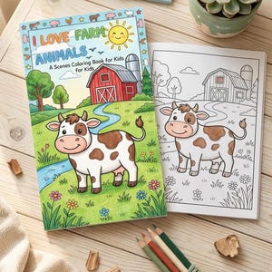 May include: A coloring book titled I LOVE FARM ANIMALS A Scenes Coloring Book for Kids with a colorful illustration of a cow, barn, and landscape, alongside an uncolored version of the same page, accompanied by two bundles of colored pencils.
