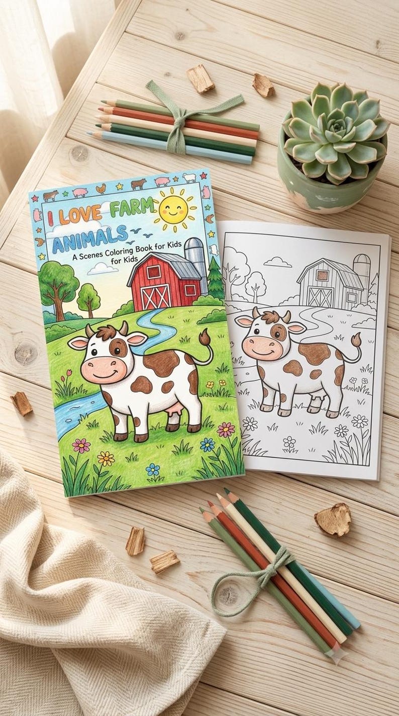 May include: A coloring book titled I LOVE FARM ANIMALS A Scenes Coloring Book for Kids with a colorful illustration of a cow, barn, and landscape, alongside an uncolored version of the same page, accompanied by two bundles of colored pencils.