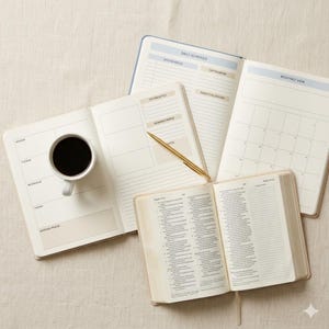 May include: Two open planners and an open book with printed text, a gold pen, and a white mug filled with black coffee. The planners feature sections for daily schedules, monthly views, top priorities, and morning prayer, all on cream-colored paper.