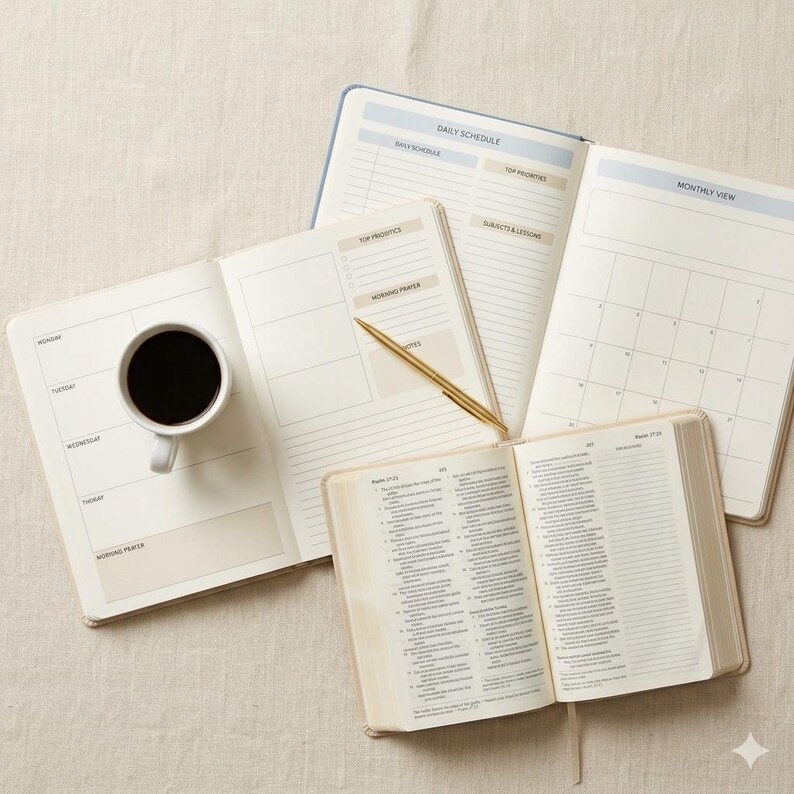 May include: Two open planners and an open book with printed text, a gold pen, and a white mug filled with black coffee. The planners feature sections for daily schedules, monthly views, top priorities, and morning prayer, all on cream-colored paper.