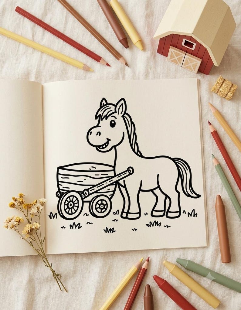 May include: A coloring book page featuring a black and white line drawing of a smiling horse pulling a wooden cart on a grassy patch. The page is surrounded by various colored pencils, a small wooden barn model, and a sprig of dried flowers.