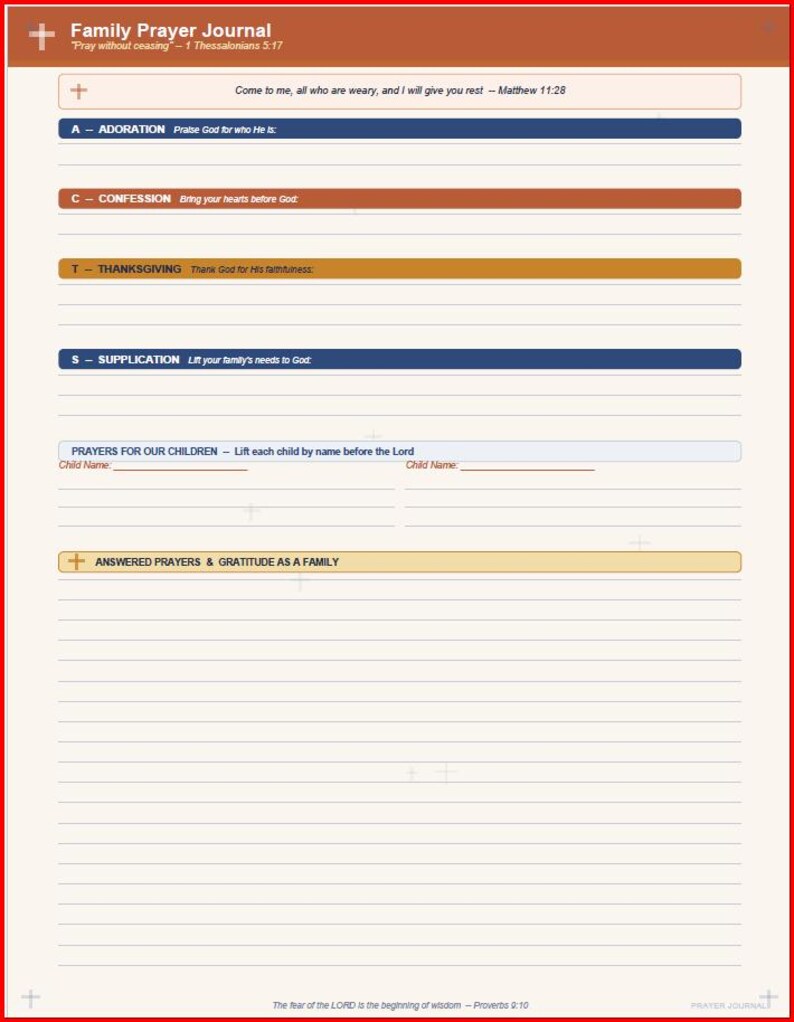 May include: A Family Prayer Journal page featuring sections for Adoration, Confession, Thanksgiving, and Supplication. It includes lines for Prayers for Our Children and Answered Prayers & Gratitude, with scripture verses at the top and bottom.