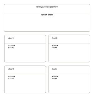May include: A white Goals Planner template with black text. It features a large section for a main goal, followed by four smaller sections labeled Goal 1 through Goal 4. Each section includes space for action steps and the footer text: Design a Purposeful Week Ahead and Monitor Your Health, Wellness, and Business Goals.