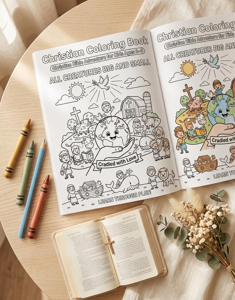 May include: An open Christian coloring book titled Christian Bible Adventure for Kids Ages 2-6, featuring line art of a globe, animals, and figures. Beside it are four crayons, a small open book with a cross bookmark, and a dried floral arrangement.