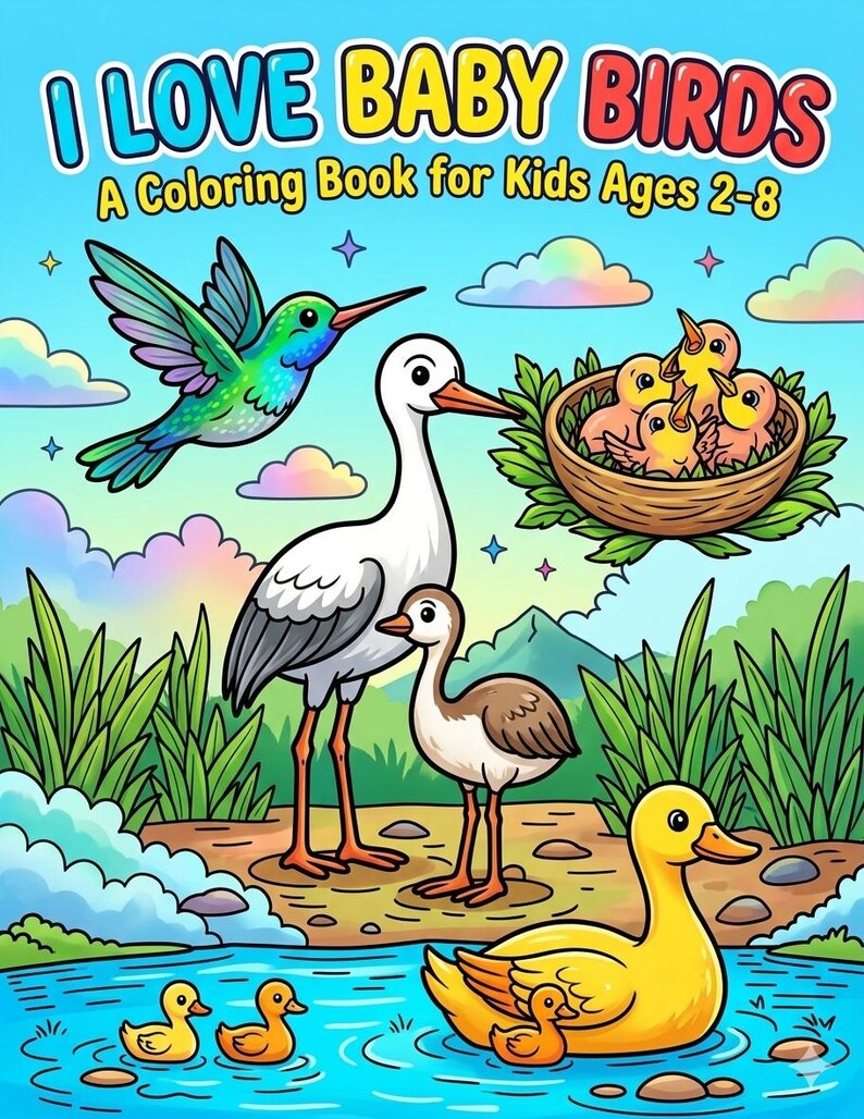 May include: A colorful children's coloring book cover titled "I Love Baby Birds." The cover features illustrations of various birds, including a hummingbird, storks, and ducks. The book is designed for kids ages 2-8.