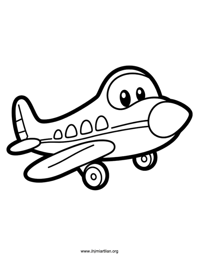 Puede incluir: Un dibujo de l&iacute;neas en blanco y negro de un avi&oacute;n de dibujos animados con ojos grandes, una nariz redondeada, cuatro peque&ntilde;as ventanas circulares a lo largo del costado y una aleta de cola. El texto www.Jhjmiartlian.org aparece abajo.