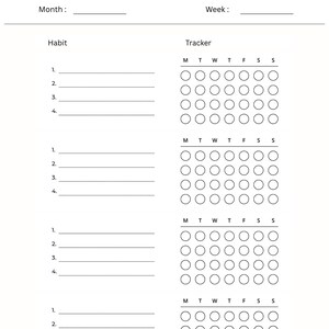 May include: A black and white habit tracker printable template with the title HABIT TRACKER at the top. It includes fields for Month and Week, followed by four sections, each containing four numbered lines for habits and a grid of circles for days.