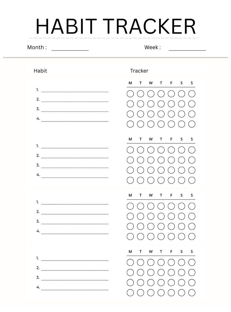 May include: A black and white habit tracker printable template with the title HABIT TRACKER at the top. It includes fields for Month and Week, followed by four sections, each containing four numbered lines for habits and a grid of circles for days.