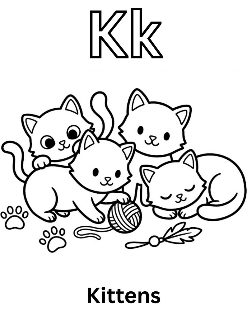 Puede incluir: Una p&aacute;gina para colorear en blanco y negro con las letras may&uacute;sculas y min&uacute;sculas Kk en la parte superior y la palabra Kittens en la parte inferior. La ilustraci&oacute;n muestra cuatro gatitos, uno jugando con un ovillo, uno durmiendo y dos sentados.